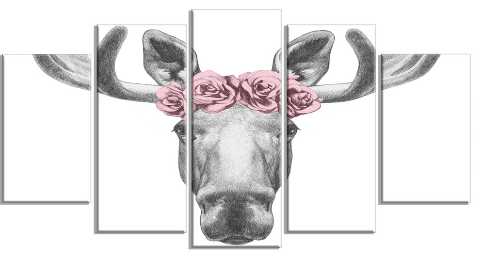 "Moose With Floral Head Wreath Moose" Wall Art, 5-Panels, 60"x32"