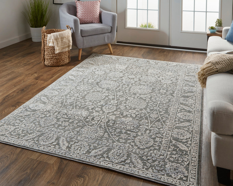 Weave & Wander Sybil Transitional Oriental Style Rug, Charcoal/Bone White, 9' X