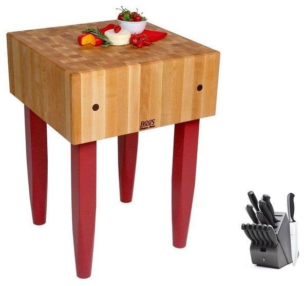 John Boos PCA Block and Henckels Knife Set, Barn Red, 24x18x10, No Casters