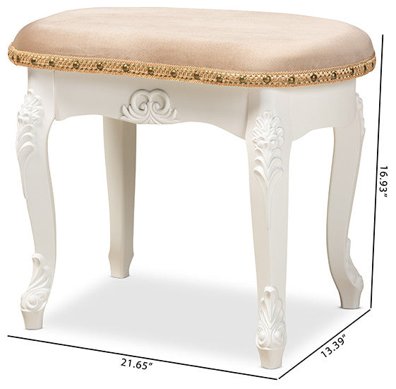 Derwent Sand Velvet Fabric White-Finished Wood Vanity Ottoman