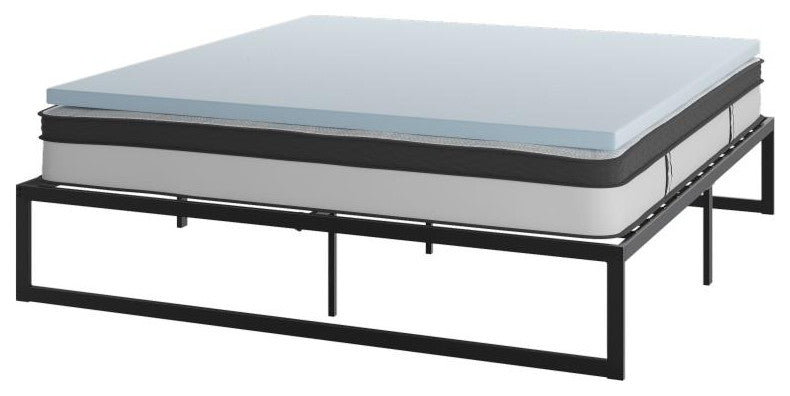 14" Metal Platform Bed Frame, 10" Pocket Spring Mattress & Memory Foam Topper, Black, Queen