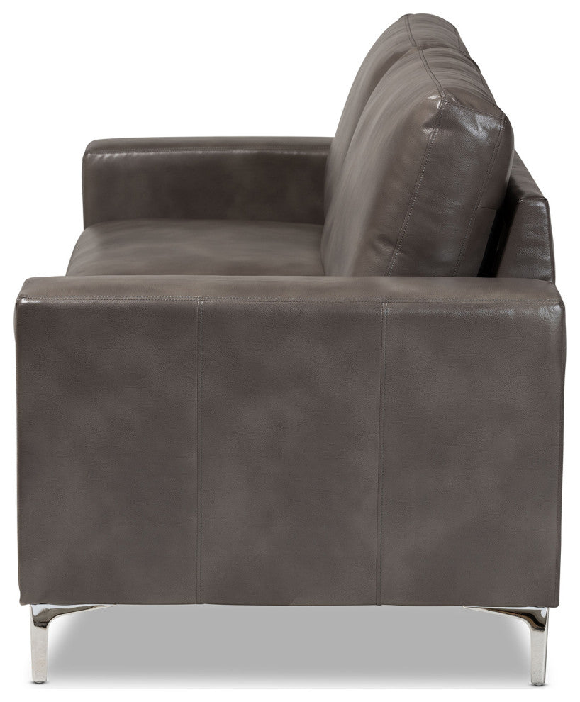 Rayan Modern Grey Faux Leather Upholstered Silver Finished Metal Loveseat