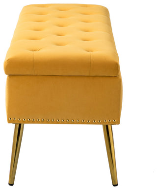 Button-tufted Storage Bench with Nailhead Trim, Mustard