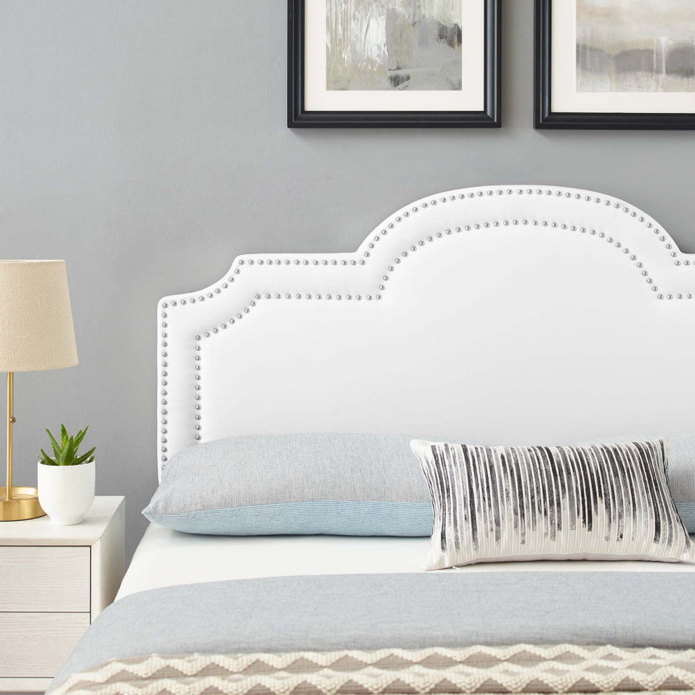 Headboard, Nailhead, King California Size, White, Velvet, Modern, Mid Century