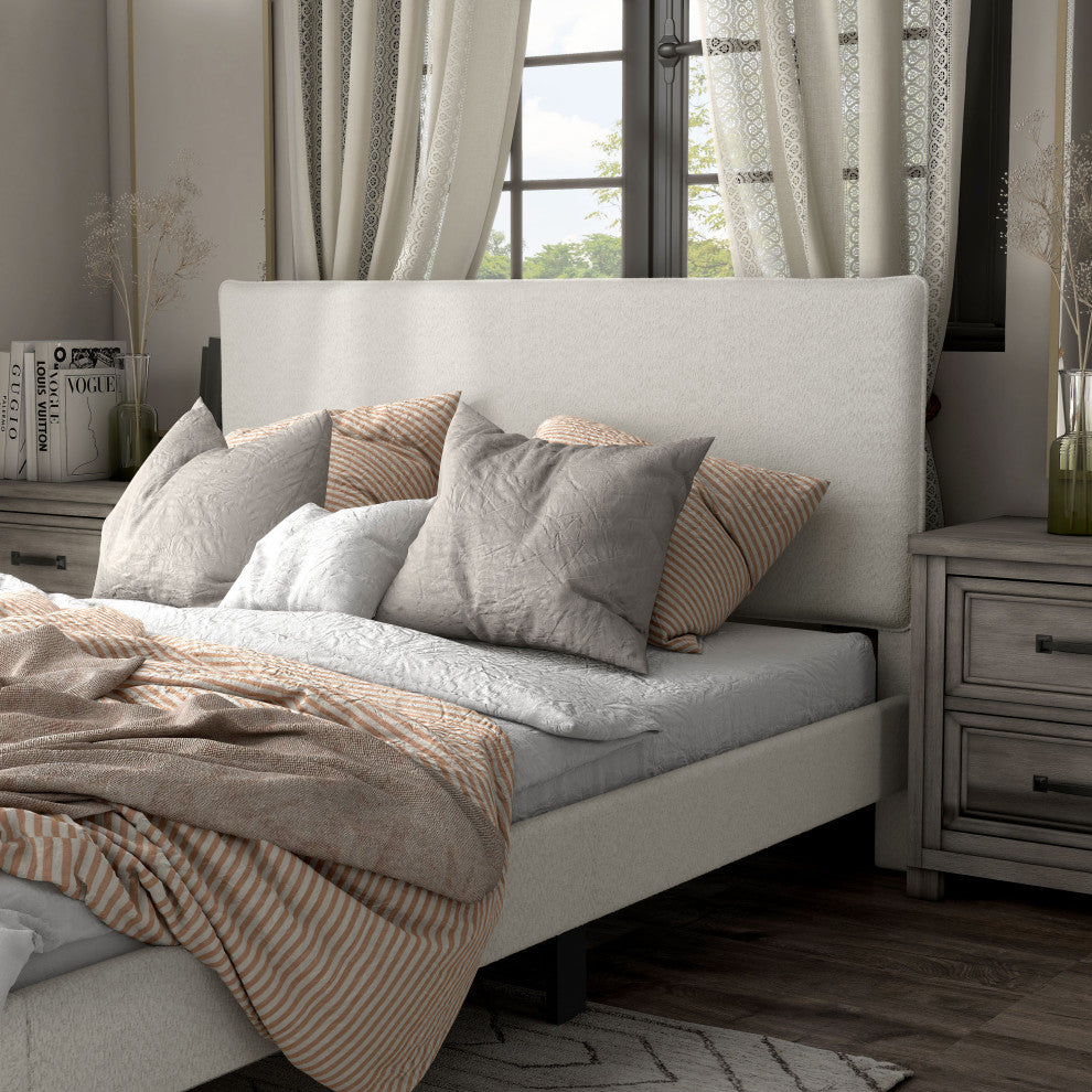 Miles White Boucle Upholstered Wood Frame Platform Bed, Queen, Pillow