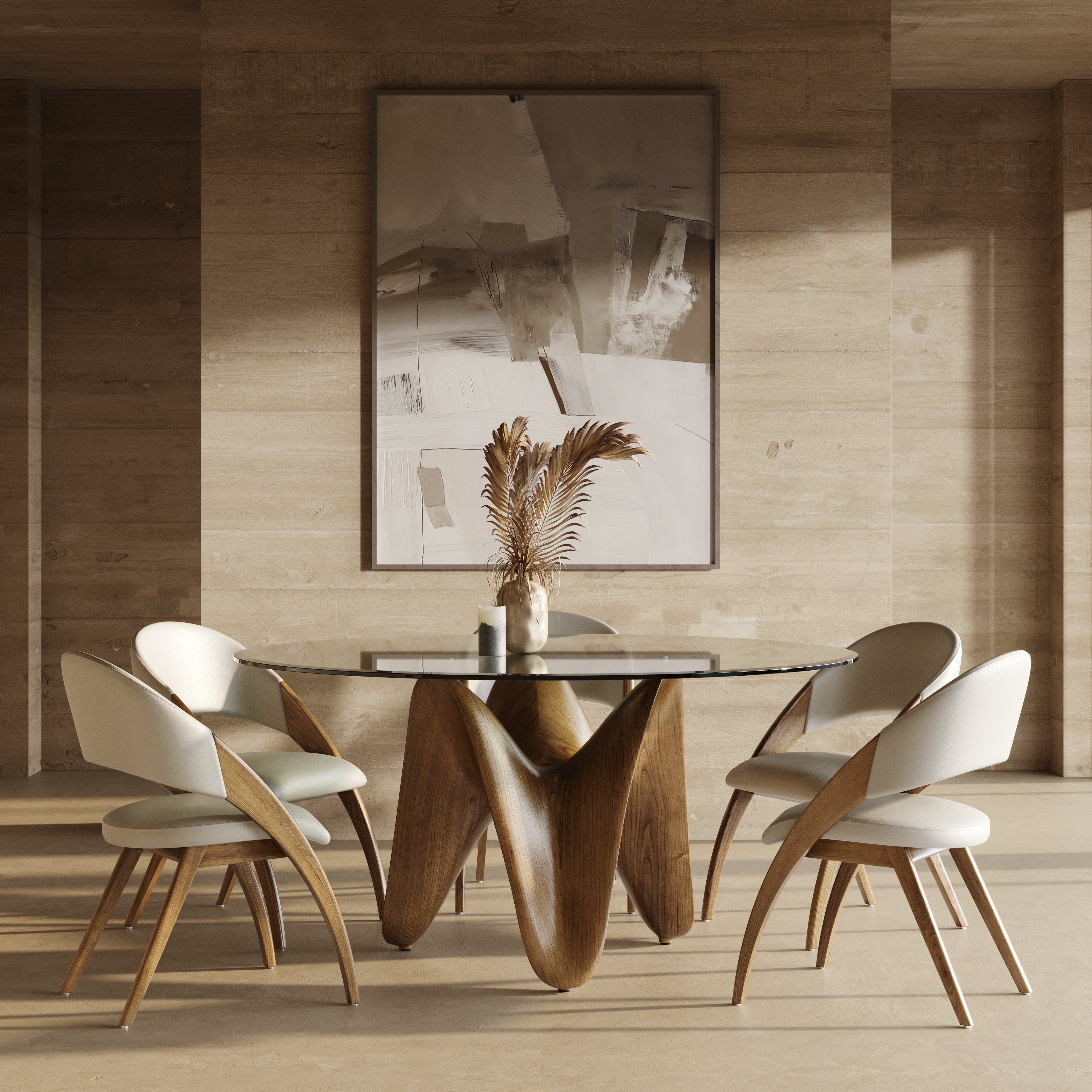 Modrest Seguin Round Glass + Walnut Dining Table