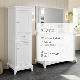 Infographic: overlay lists what's included (Cabinet, Nickel Knobs, 1 Year).