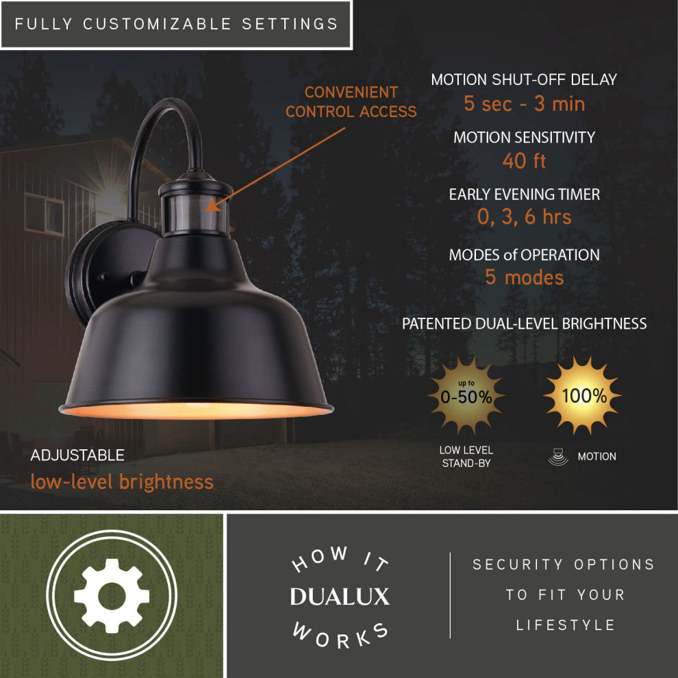 Cody 9.25" Dualux Outdoor Motion Sensor Wall Light, Dark Bronze and Light Gold