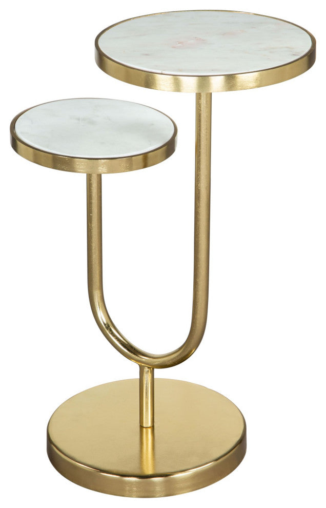Sofa Side Table, Round, Artificial Marble, Iron Metal, White, Gold, Hospitality