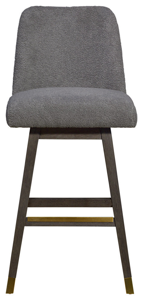 Amalie Swivel Bar Stool in Grey Oak Wood Finish with Grey Boucle Fabric
