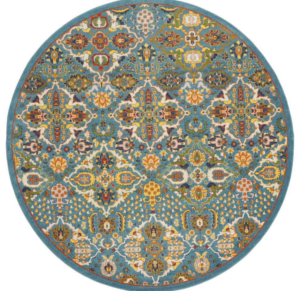 8' Blue Round Floral Power Loom Area Rug