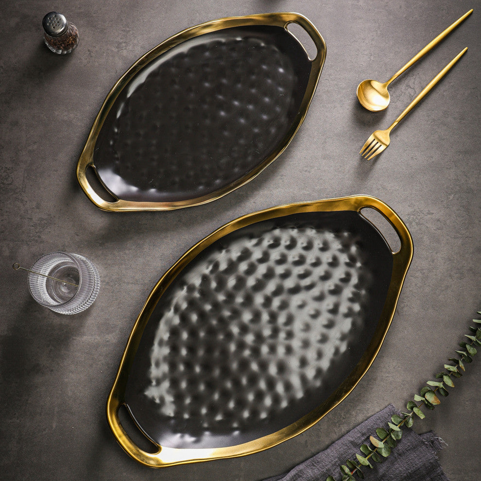 2-Piece Stone Lain Florian Porcelain Serving Plate Set, Black