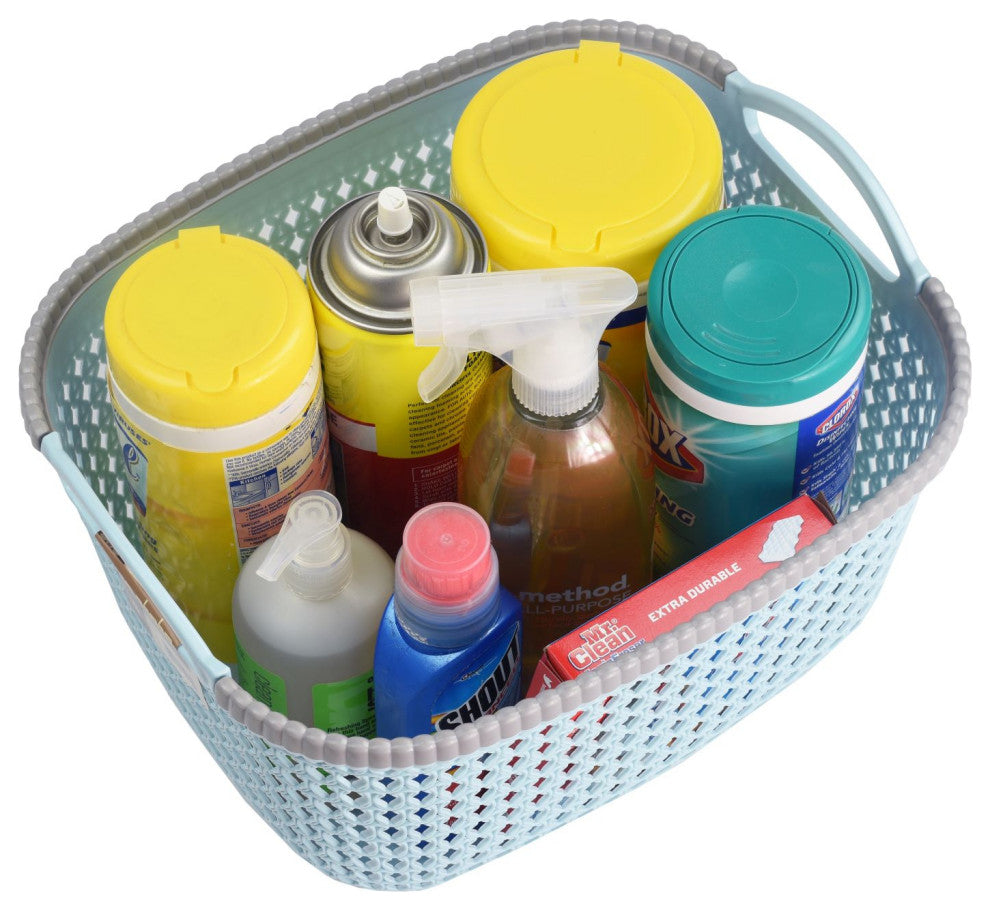 Rattan Plastic Weave Storage Bin, Blue, Small, 6-Pack