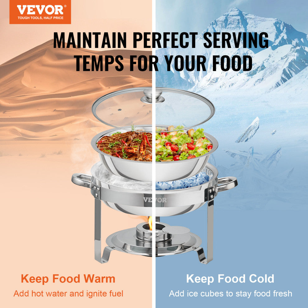 VEVOR 2-Pack Round Chafing Dish Set With Full-Size 4Qt Pan Glass Lid Fuel Holder
