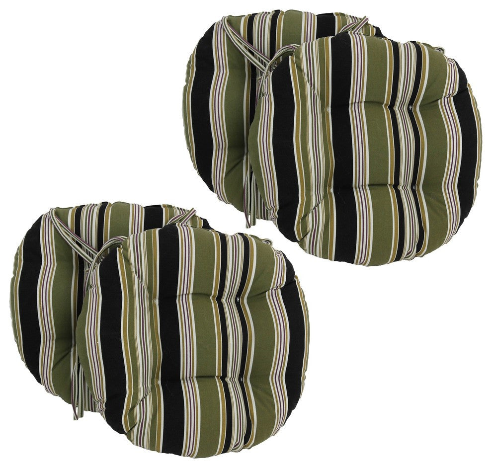16" Outdoor Spun Polyester Tufted Chair Cushion, Set of 4, Black/Green Stripe
