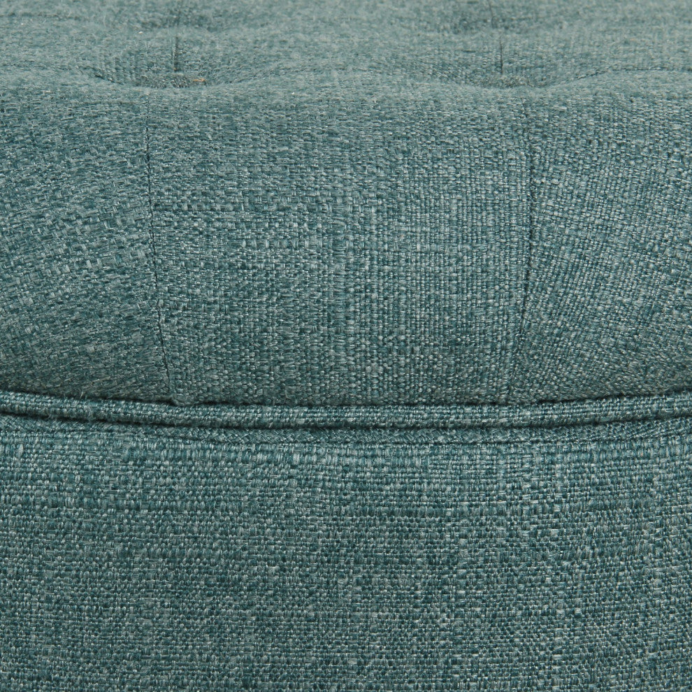 Benzara BM194933 Fabric Round Ottoman With Lift Top Storage, Teal Blue and Brown