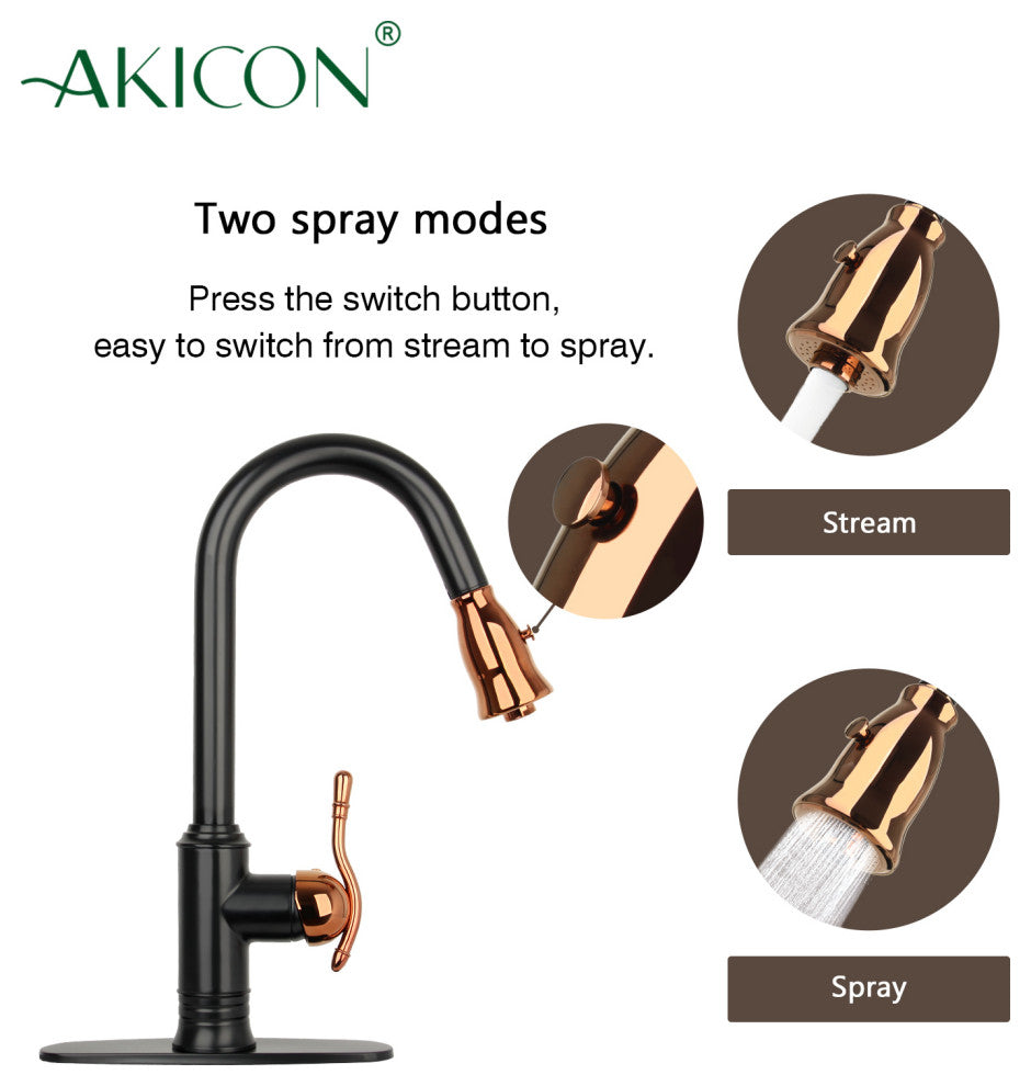 Pull Down Kitchen Faucet and Deck Plate, Two-Tone Matte Black and Rose Gold