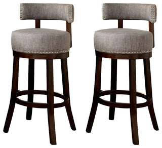 Set of 2 Fabric and Solid Wood Bar Stool, Dark Oak, Light Gray