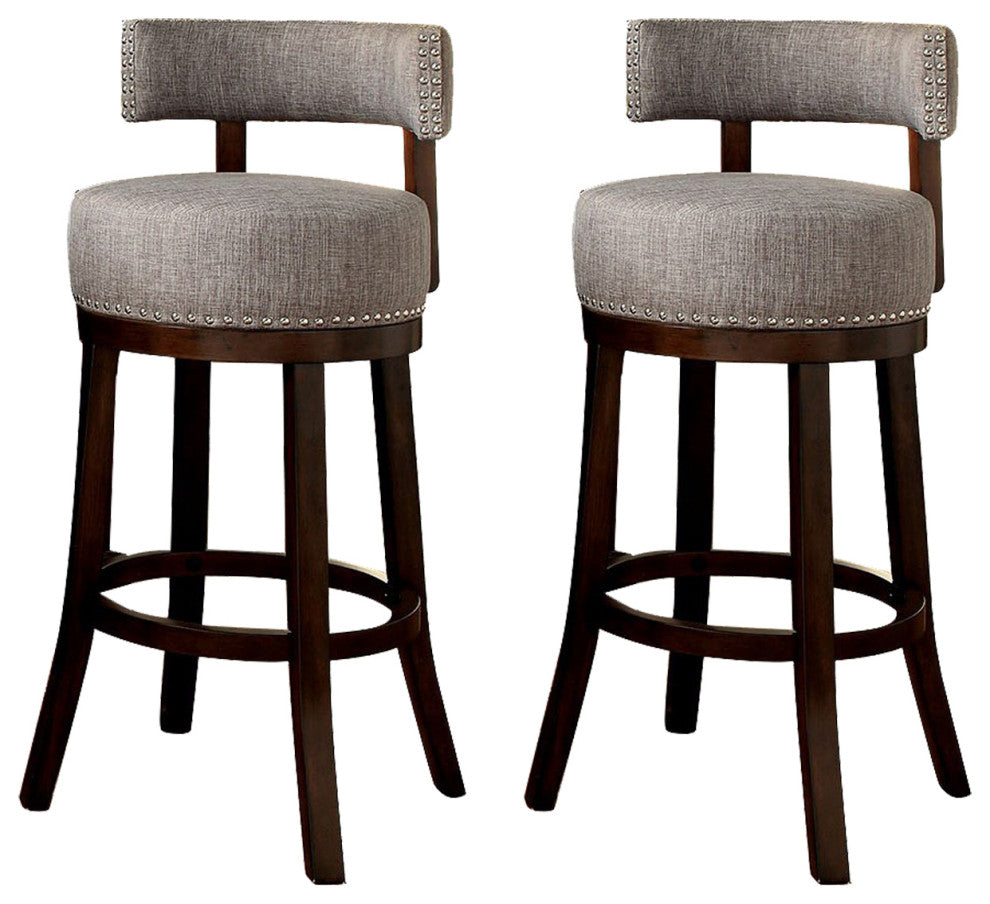 Set of 2 Fabric and Solid Wood Bar Stool, Dark Oak, Light Gray