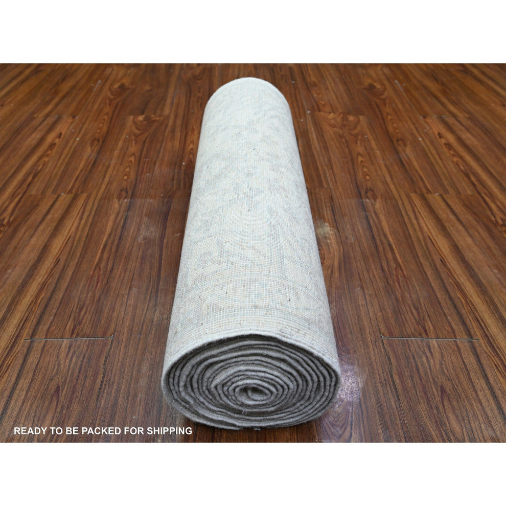 Ivory Peshawar Faded Design Wool Hand Knotted XL Runner Oriental Rug 2'7"x19'1"