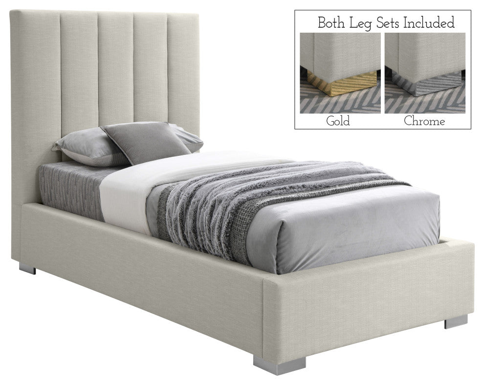 Pierce Linen Textured Fabric Upholstered Bed, Beige, Twin