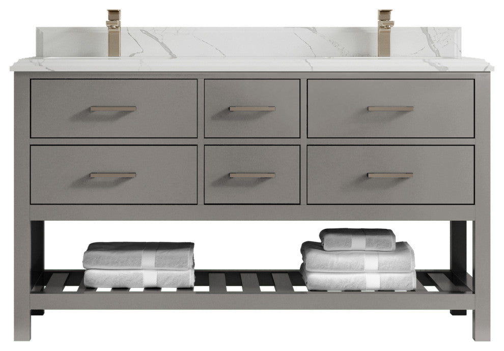 Parker 60 Double Sink Bathroom Vanity in Elephant Skin Gray  1.5" Calacatta Laza