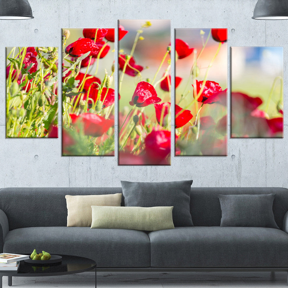 Beautiful Red Poppy Flowers View, Floral Canvas Art Print, 60"x32", 5 Panels