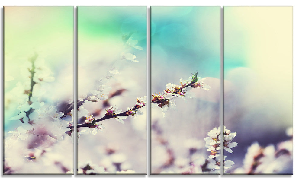 White Cherry Blossoming Flowers, Floral Canvas Art Print, 48"x28", 4 Panels