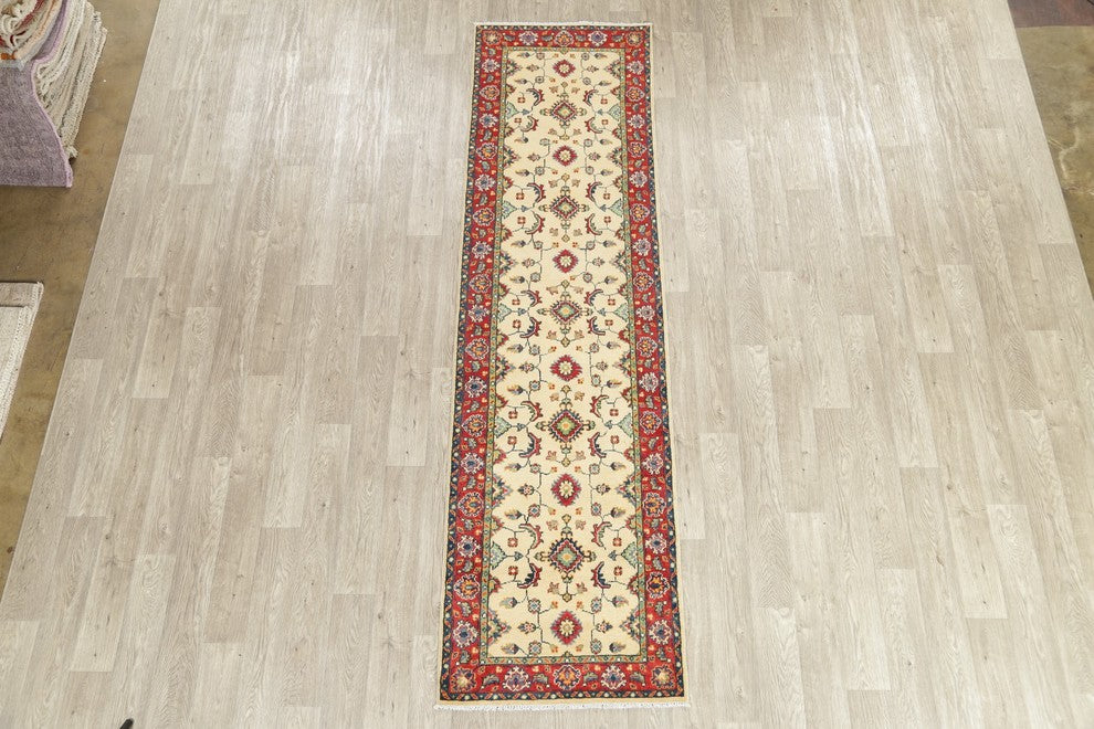 Traditional Kazak Oriental Hand Made Pakistani Wool Runner Rug, Beige, 9'9"X2'9"