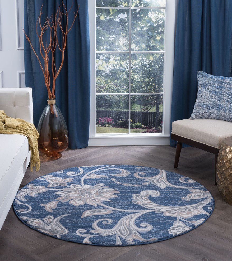 Garland Transitional Floral Navy Round Area Rug, 5'