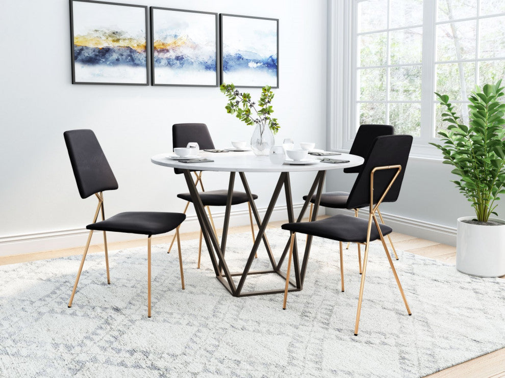 Dining Chair, Set of 2, Steel Metal, Fabric, Black, Gold, Kitchen Cafe Bistro