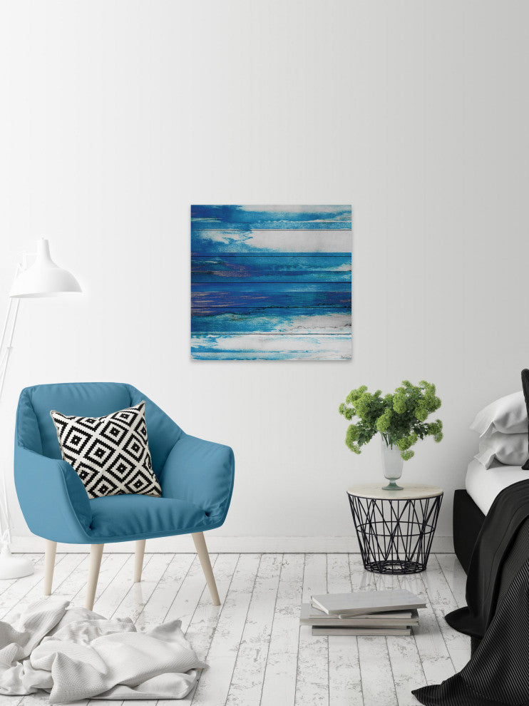 "Blue Painted Ocean" Painting Print on White Wood, 24"x24"