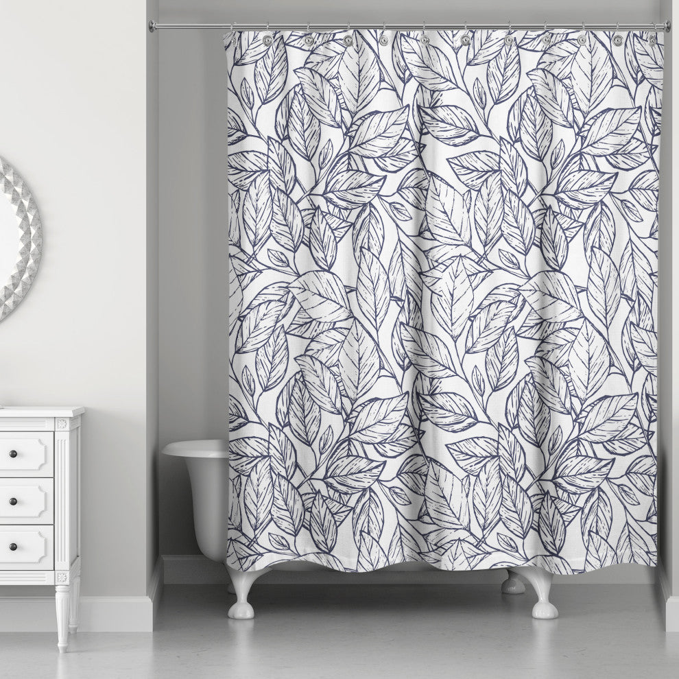 Navy Line Leaf Pattern 71x74 Shower Curtain