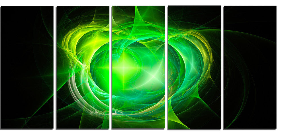 Green Fractal Explosion Supernova, Abstract Canvas Art Print, 60"x28", 5 Panels