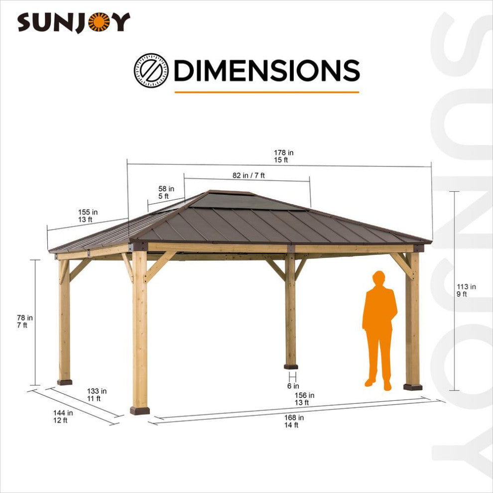 13 ft. x 15 ft. Cedar Framed Gazebo with Brown Steel and Polycarbonate Hip...