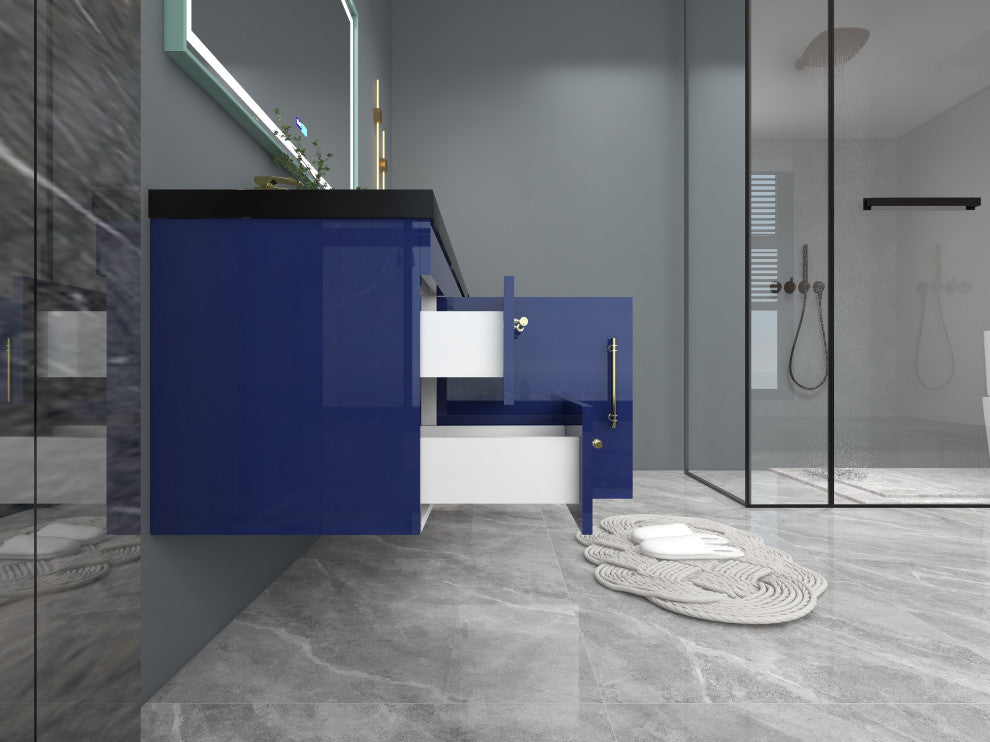Rosa 60" Wall Mounted Modern Vanity, High Gloss Night Blue, Matt Black Top