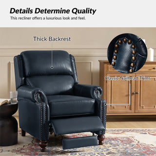 Genuine Leather Cigar Recliner With Nail Head Trim, Navy