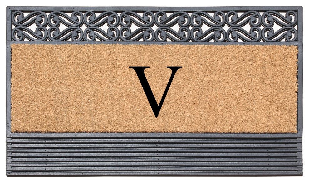 Rosewood Black/Beige 24"x36" Rubber And Coir Monogrammed Doormat, V