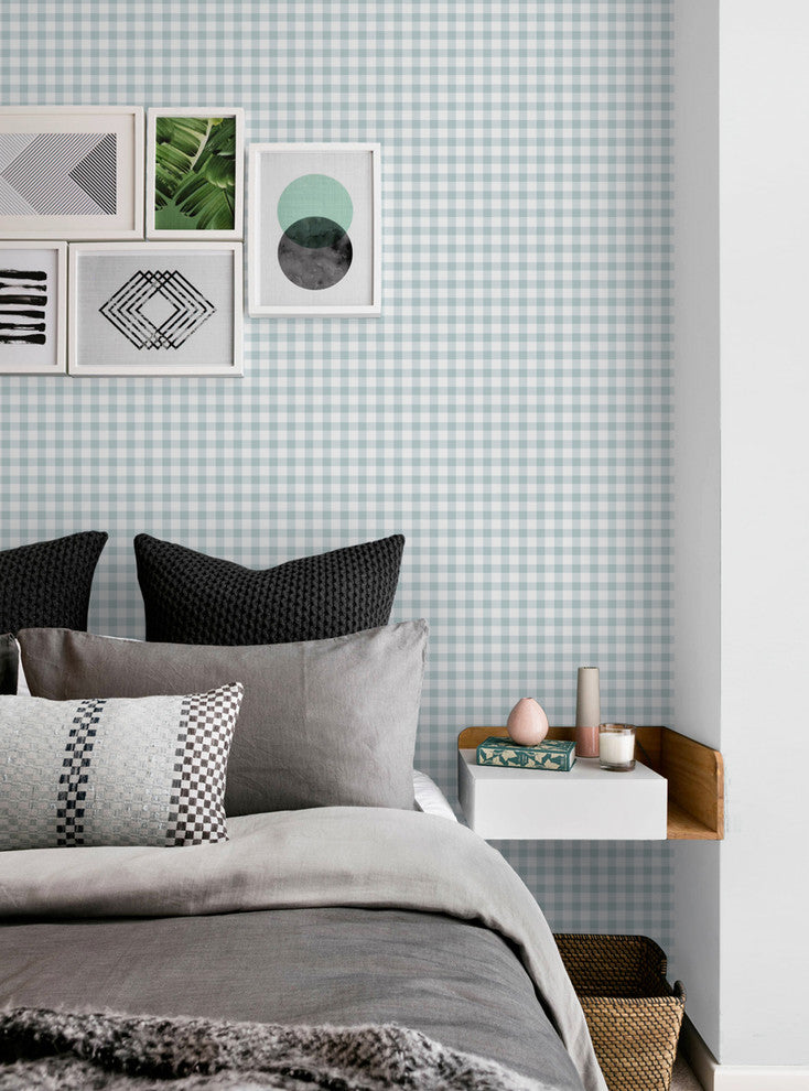 Gingham Check Pattern Peel and Stick Vinyl Wallpaper, Dusky Blue, 24"w X 108"h