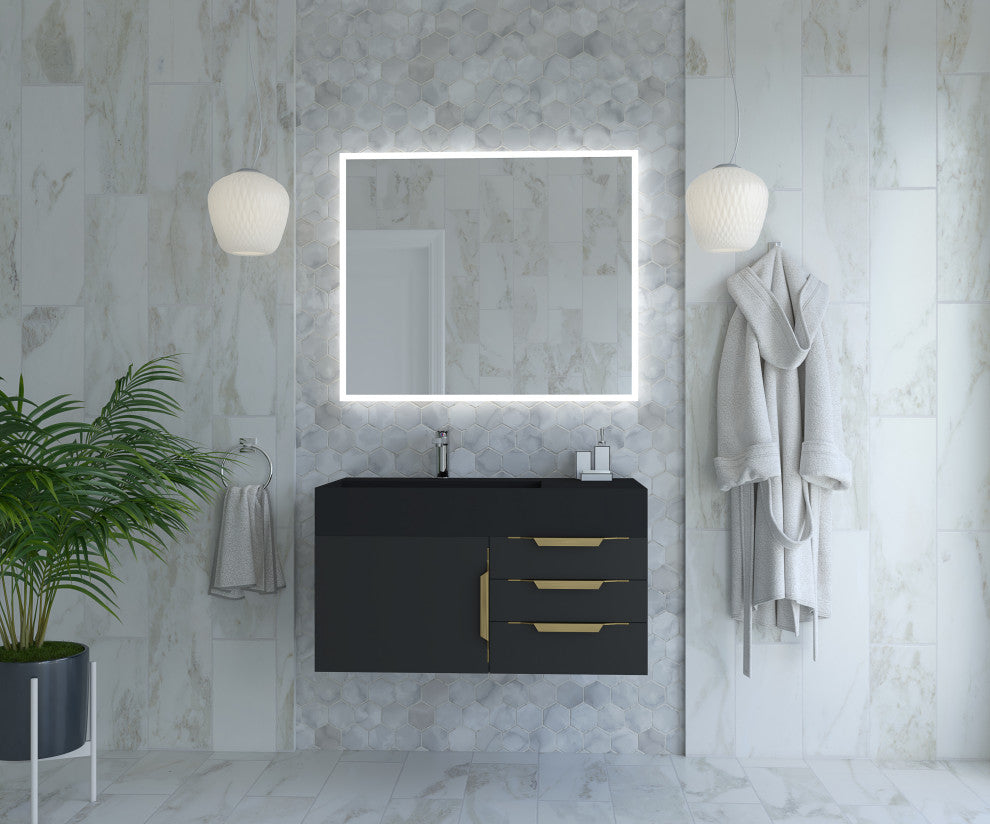 CastelloUSA Amazon 36" Wall Mount Vanity Set, Black, Black Top, Gold Handles