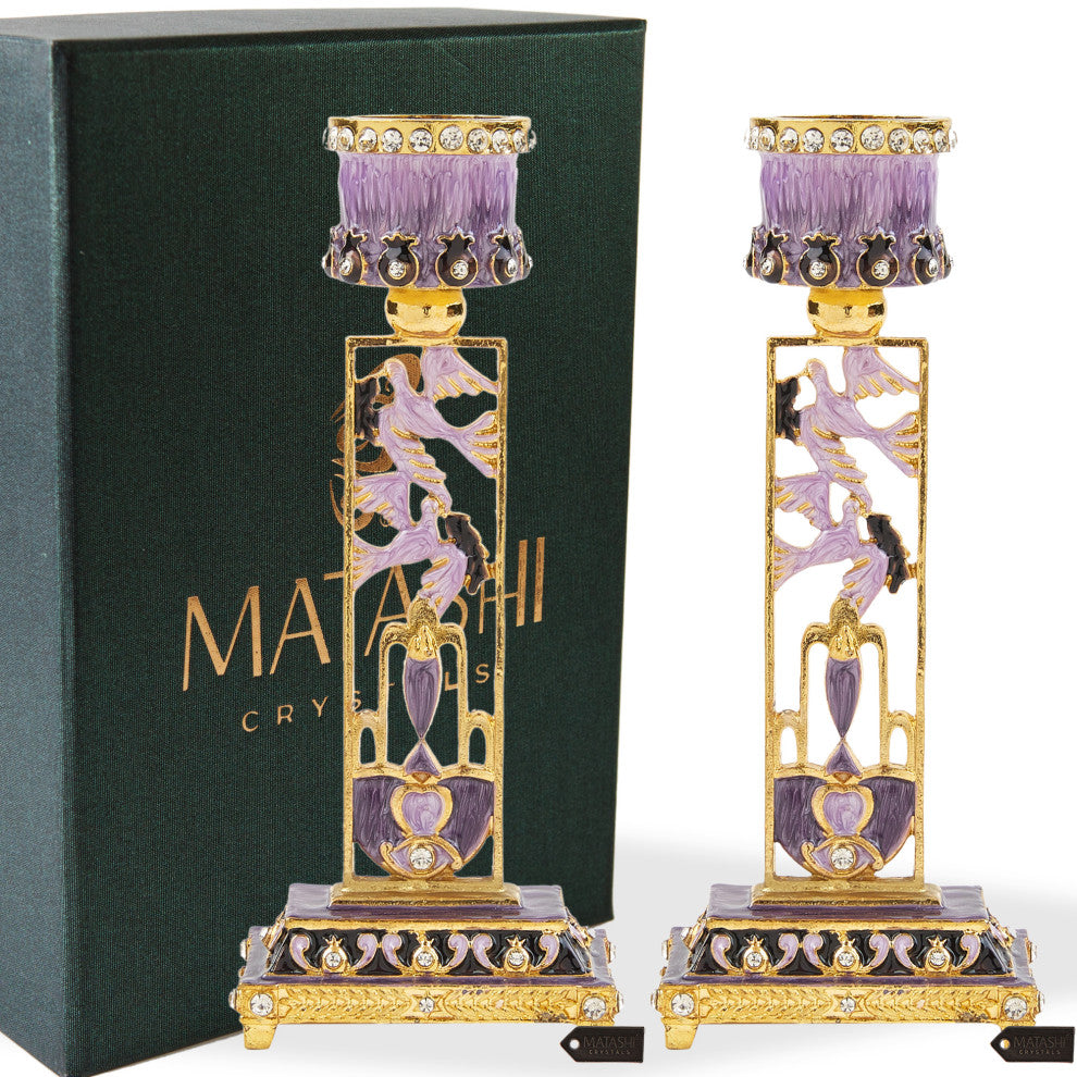 Matashi Shabbat Candlestick Holder(2-Piece Set) Hand-Painted  Pewter(Purple)