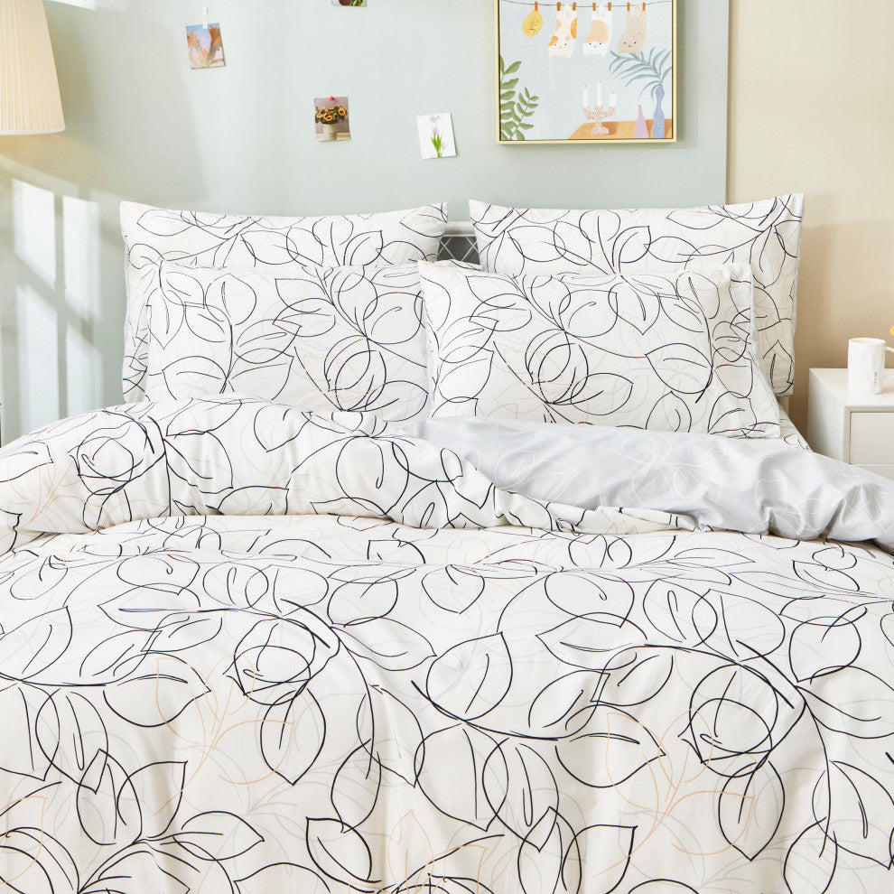 Tache Modern Leaf Foliage Abstract White Grey Black Reversible Duvet Cover, Full