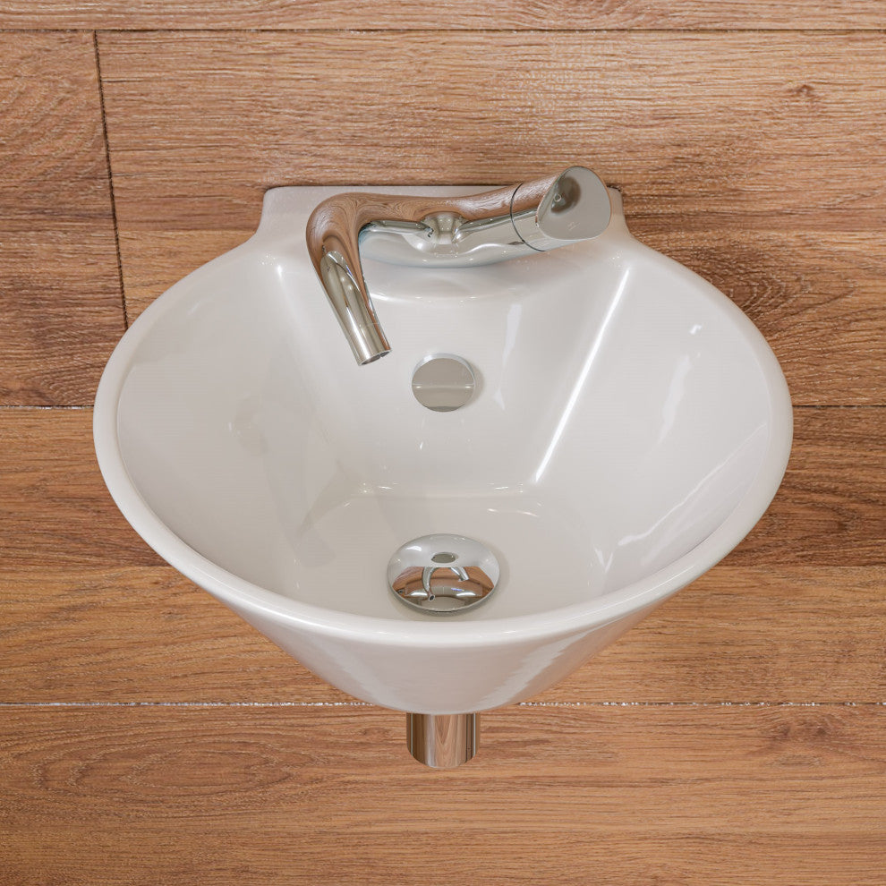 White 17" Round Wall Mounted Ceramic Sink With Faucet Hole