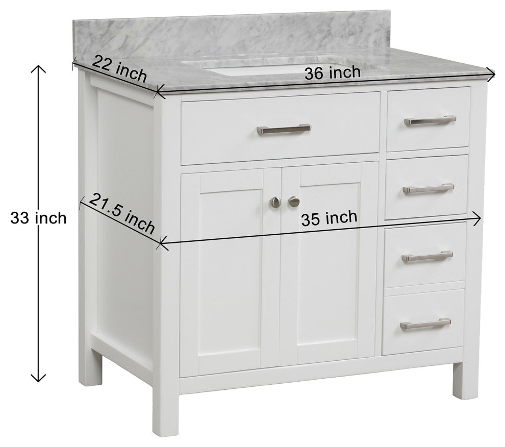 36" W x 22" D x 33" H Bath Vanity, White With Carrara White Marble