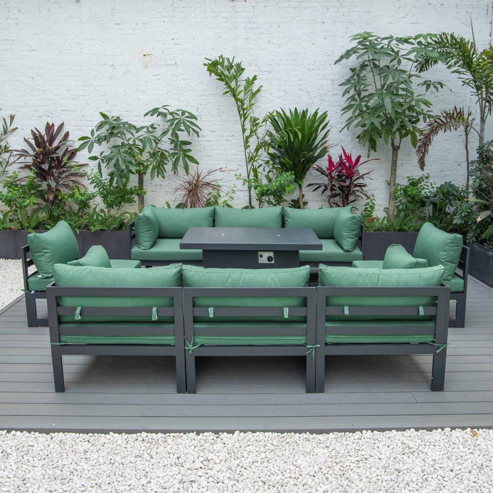 LeisureMod Chelsea 9-Piece Patio Sectional With Fire Pit Table, Green