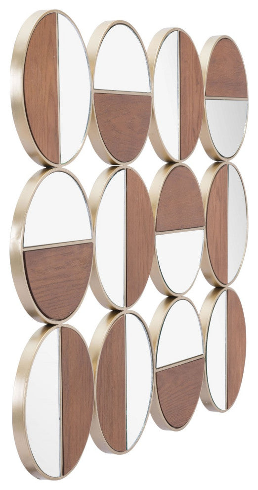 Frame Wall Mirror, Round, Glass, Steel Metal, Gold, Walnut, Bedroom Living