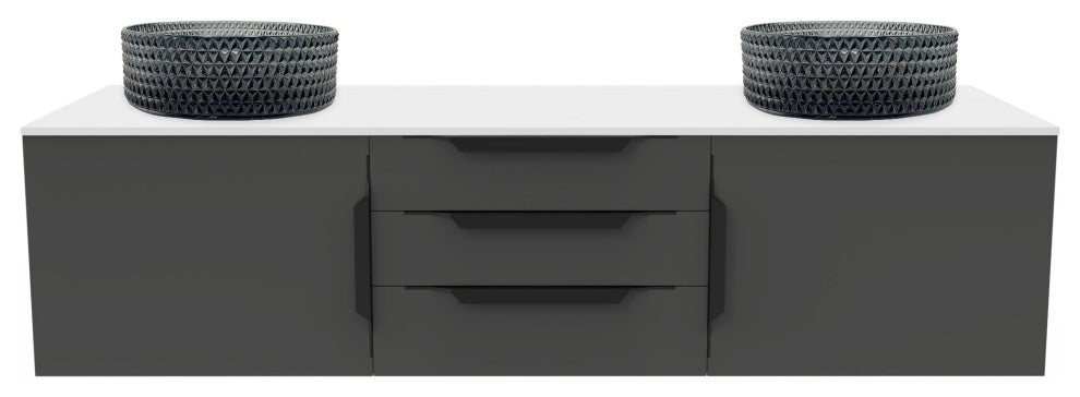 Wildsee Floating Vanity Set, Tempered Clear Glass Sink, Light Black, 60", Black