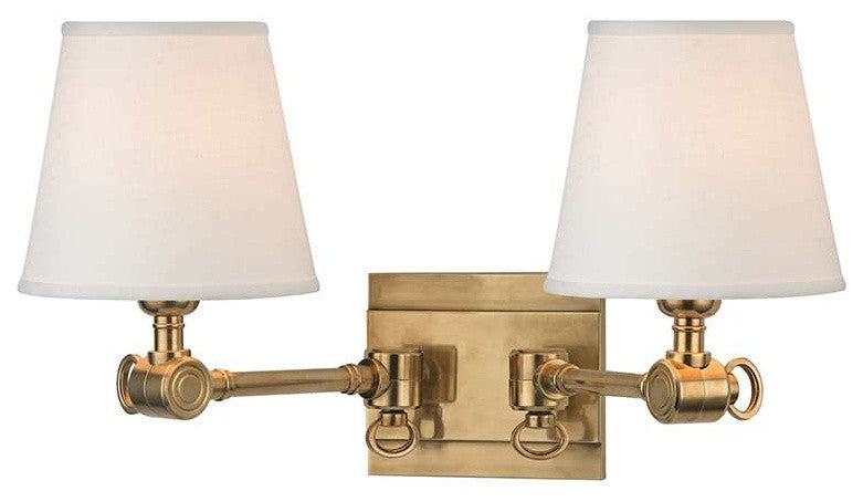 Hillsdale, Two Light Swivel Wall Sconce, Aged Brass Finish White Linen Shade