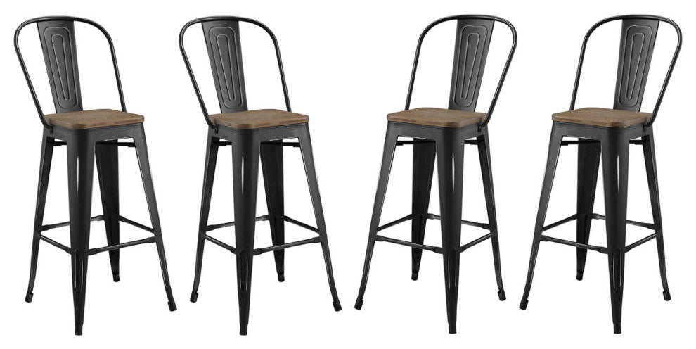 Bar Stool Chair Barstool, Set of 4, Wood, Metal, Black, Modern, Bar Pub Bistro