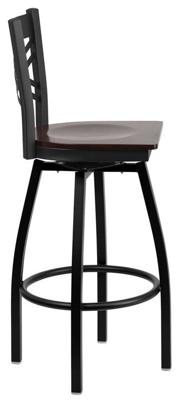 Dyersburg 30" Metal Barstool Black X-Style Back Swivel, Walnut Wood Seat